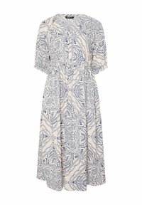 Valkoinen mekko, jossa on sininen kukkakuosi, lyhyet puff-hihat, V-kaula-aukko, joustovyötärö ja kaksi etutaskua. Valmistettu kevyestä kankaasta.