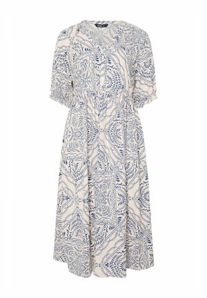 White dress with blue floral pattern, short puff sleeves, V-neck, elastic waist, and two front pockets. Made of lightweight fabric.