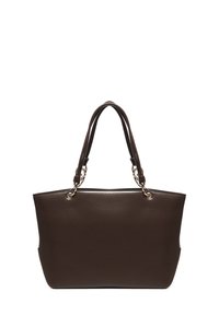 Borsa a tracolla in pelle marrone con doppi manici, caratterizzata da hardware in tonalità oro e una superficie liscia e lucida. Design con apertura superiore e forma strutturata.