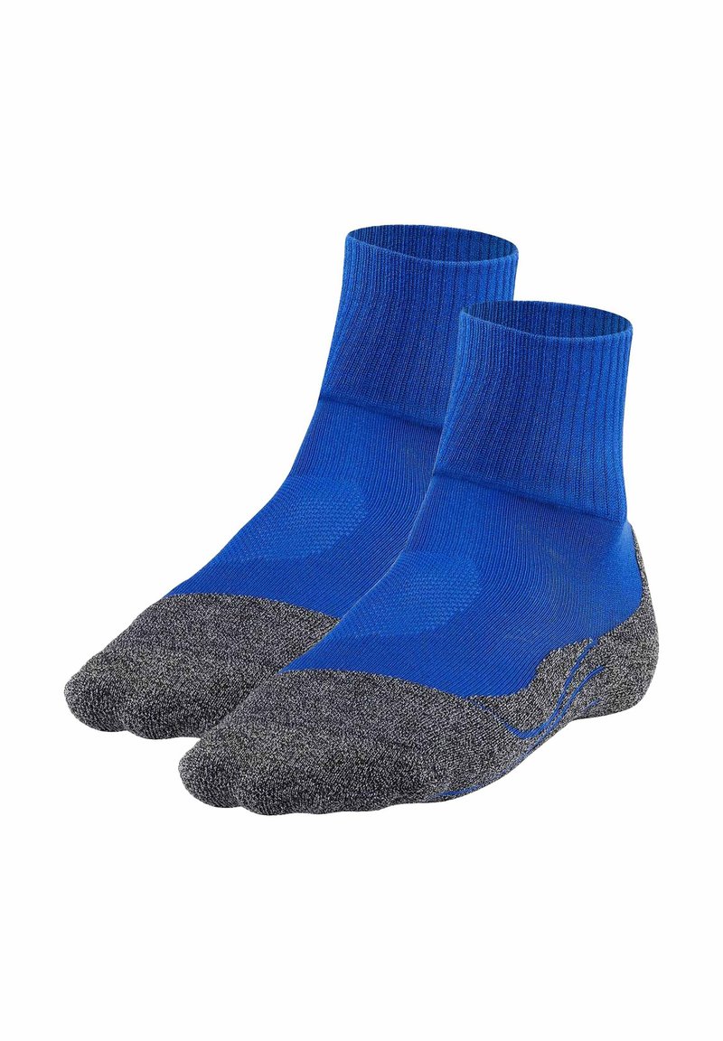 Ett par blå ankelsockor med grå förstärkta tår och häl, utformade för atletisk användning.