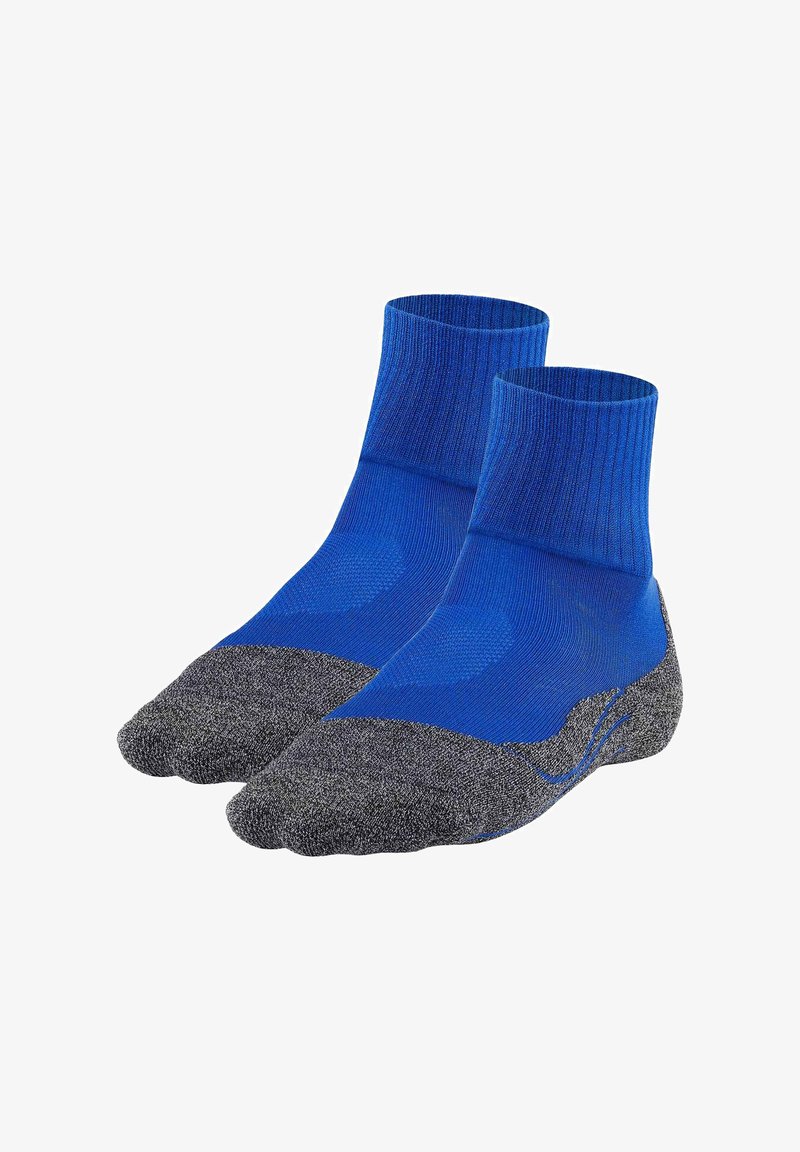 Ett par blå ankelsockor med grå förstärkta tår och häl, utformade för atletisk användning.