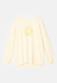 Langarm-Cremeshirt mit Rundhalsausschnitt und gelbem Sonnenstrahl-Design, das eine kleine Figur in der Mitte auf der Vorderseite zeigt.