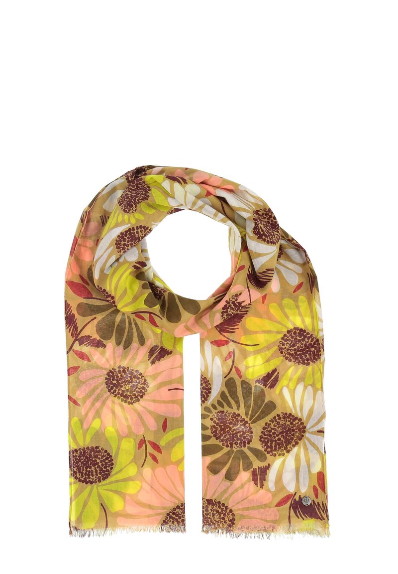 Eșarfă florală cu flori în nuanțe luminoase de galben, roz și maro pe un fundal deschis, cu margini franjurate și material ușor, moale.