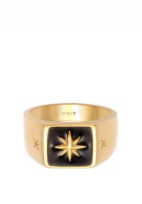 Gold-colored metal ring with a square black stone featuring a raised star design. Marked with "925" inside the band.