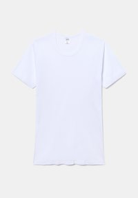 T-shirt bianco in cotone con maniche corte, scollo rotondo e una texture liscia. Presenta un orlo dritto e nessun motivo o accento visibile.