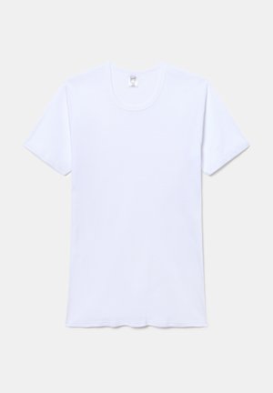 T-shirt bianco in cotone con maniche corte, scollo rotondo e una texture liscia. Presenta un orlo dritto e nessun motivo o accento visibile.