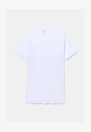 T-shirt bianco in cotone con maniche corte, scollo rotondo e una texture liscia. Presenta un orlo dritto e nessun motivo o accento visibile.