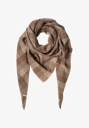 Brown patterned scarf featuring a diamond check design, made from a soft, textured fabric with frayed edges. Measures approximately 1.5 meters.