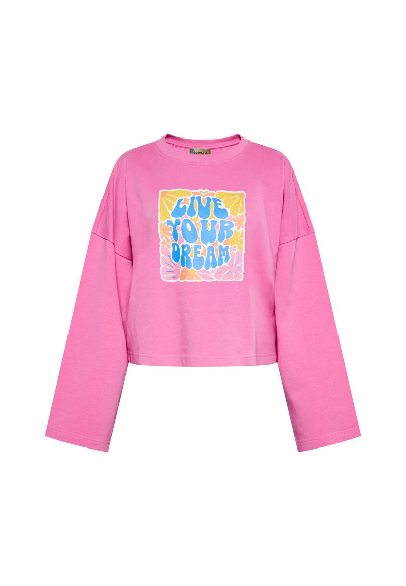 Felpa cropped rosa con maniche lunghe che presenta una grafica multicolore "REALIZZA I TUOI SOGNI" circondata da accenti floreali.