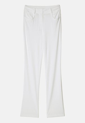 White flared trousers with a smooth fabric texture, featuring two front pockets and a stitched waistband for a fitted look.