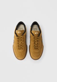 Ζευγάρι καφέ σουέντ αθλητικά παπούτσια Veja με μαύρες λεπτομέρειες και κορδόνια, θέα από πάνω σε απλό λευκό φόντο.