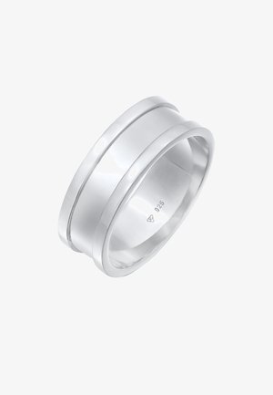 Silberring mit einer glatten, polierten Oberfläche, der zwei horizontale Rillen aufweist. Der Ring hat eine abgerundete Form und ist auf der Innenseite mit "925" markiert.