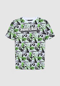 Maglietta a tema Minecraft con un vivace motivo pixelato verde, nero e bianco, maniche corte e scollo rotondo con logo.