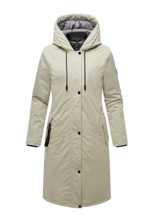 Beige long coat with a hood, featuring a zippered pocket, snap buttons, and elastic cuffs. Smooth fabric with a quilted inner lining.