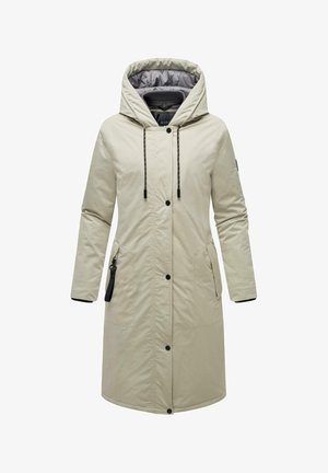Beiger langer Mantel mit Kapuze, ausgestattet mit einer Reißverschlusstasche, Druckknöpfen und elastischen Bündchen. Glattes Material mit einer gesteppten Innenseite.