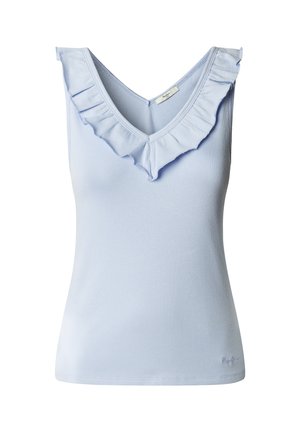 Gaiši zils bezrokas tops no ribota auduma ar V-veida izgriezumu un volānu apdari. Apakšā ir smalks zīmola logotips. Gluda tekstūra.