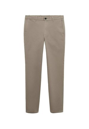 Khaki trousers with a slim fit, made of fabric, featuring front pockets, a single button closure, and stitched seams for durability.