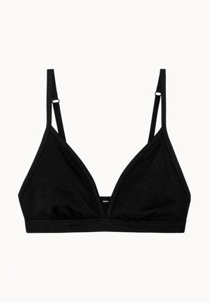 Bralette noir à côtes avec une forme triangulaire, des bretelles réglables et une bande sans coutures pour le confort.