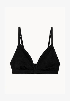 Bralette noir à côtes avec une forme triangulaire, des bretelles réglables et une bande sans coutures pour le confort.