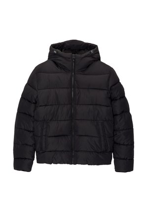 Black puffer jacket with a hood, featuring horizontal quilted panels, zip closure, and two side pockets. Made from a smooth, durable material.