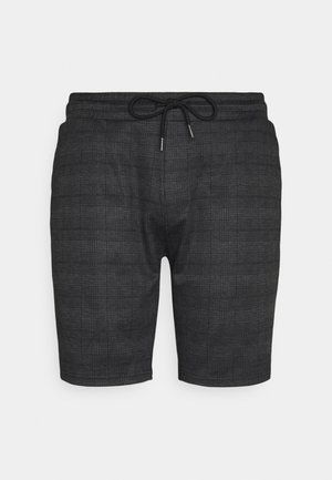 Shorts pour hommes gris foncé avec un motif à carreaux discret, taille élastique et cordon noir à nouer à l'avant.