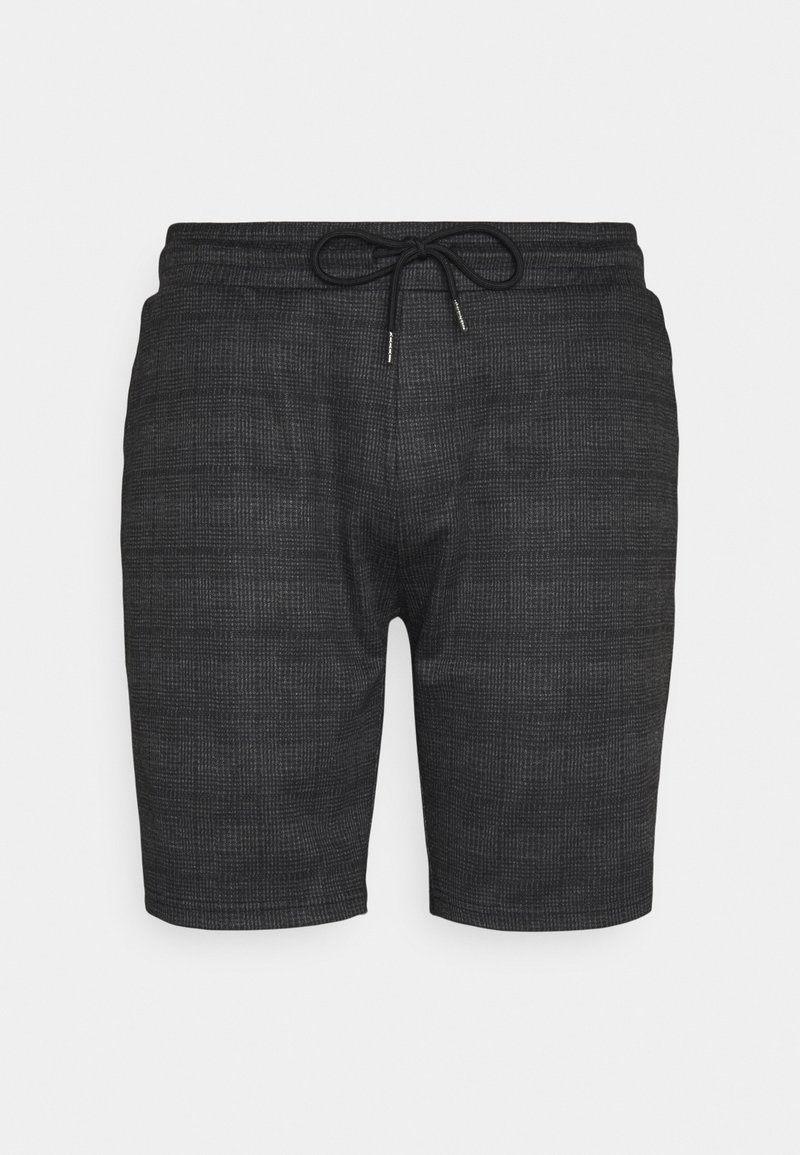 Shorts pour hommes gris foncé avec un motif à carreaux discret, taille élastique et cordon noir à nouer à l'avant.