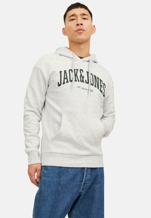 Light gray hoodie with a front pocket and drawstrings, featuring bold black "JACK&JONES" text across the chest. Soft texture, casual fit.