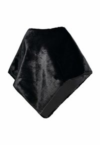 Écharpe en fausse fourrure noire avec une texture lisse et douce. Présente une forme triangulaire et une couleur unie, idéale pour la chaleur et le confort.