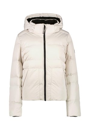 Geplüschte weiße Jacke mit Reißverschluss vorne, Kapuze und schwarzem Innenfutter. Mit seitlichen Taschen und einem verkürzten Design mit aufgenähten Details.