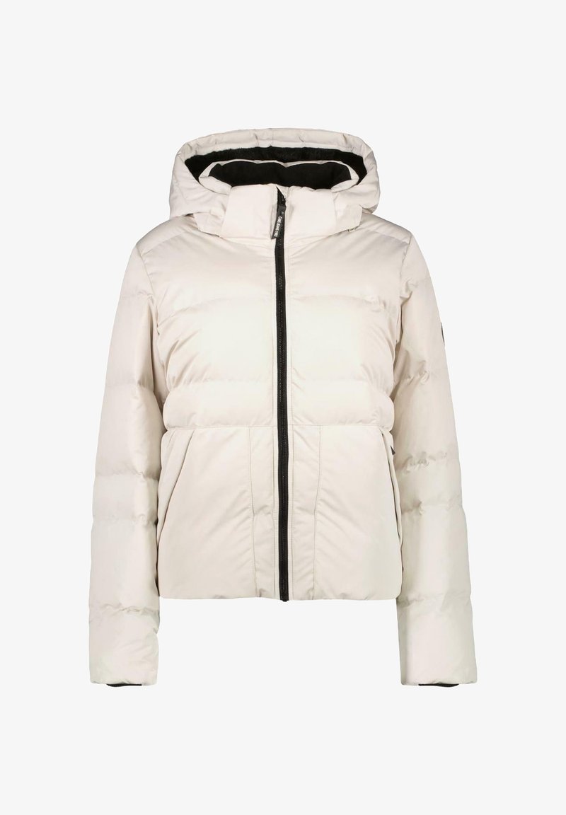 Gewatteerde witte jas met een ritssluiting aan de voorkant, een capuchon en zwarte voering. Bevat zijzakken en een cropped ontwerp met gestikte details.