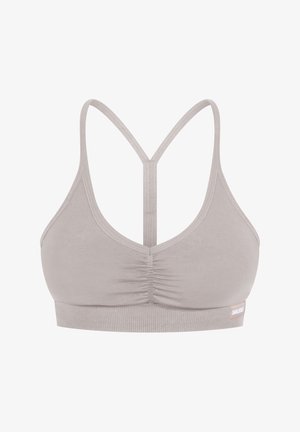 Bralette grigio chiaro realizzato in tessuto morbido con scollatura a forma di U, spalline sottili regolabili e dettaglio centrale arricciato. Presenta un'etichetta con logo.