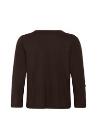 Chemise marron foncé à manches longues avec un ourlet droit et un col simple, vue de dos sur fond blanc.