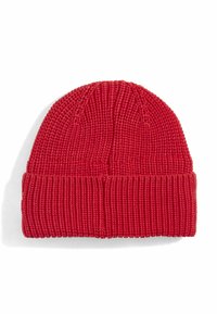 Bonnet en tricot rouge avec un revers plié. Présente une texture côtelée et une couronne arrondie. Fabriqué dans un matériau chaud et extensible, adapté aux temps froids.