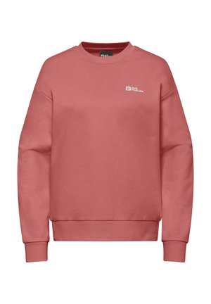 Rosa Sweatshirt aus weichem Material, mit Rundhalsausschnitt, langen Ärmeln und einem kleinen Logo auf der Brust. Gerippte Bündchen und Saum.