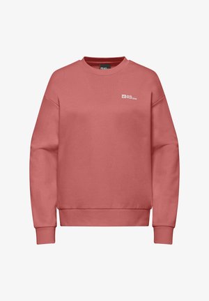 Rosa Sweatshirt aus weichem Material, mit Rundhalsausschnitt, langen Ärmeln und einem kleinen Logo auf der Brust. Gerippte Bündchen und Saum.
