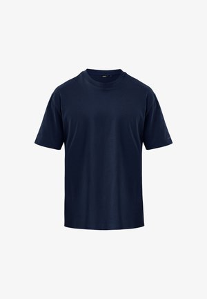 Granatowa bawełniana koszulka z krótkim rękawem o okrągłym dekolcie. Gładka faktura, luźny krój i brak widocznych wzorów lub akcentów.