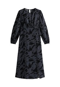 Schwarzes langärmeliges Kleid aus Satin mit einem Leopardenmuster, runder Halsauschnitt und Taillenraffung, mit einem seitlichen Schlitz.