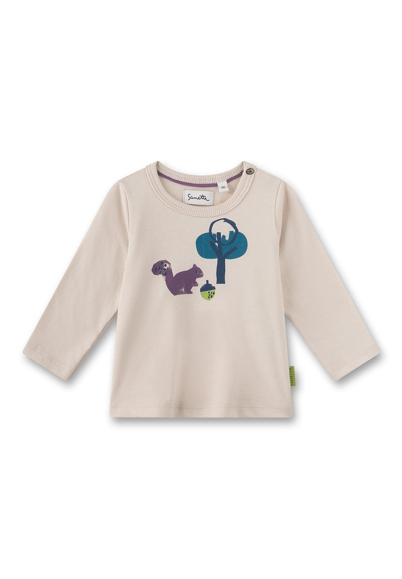 Helles beige Langarmshirt mit Rundhalsausschnitt. Mit einem bedruckten Design eines Eichhörnchens, Baums und einer Eichel in Lila und Türkis. Kleine Knopfdetails.