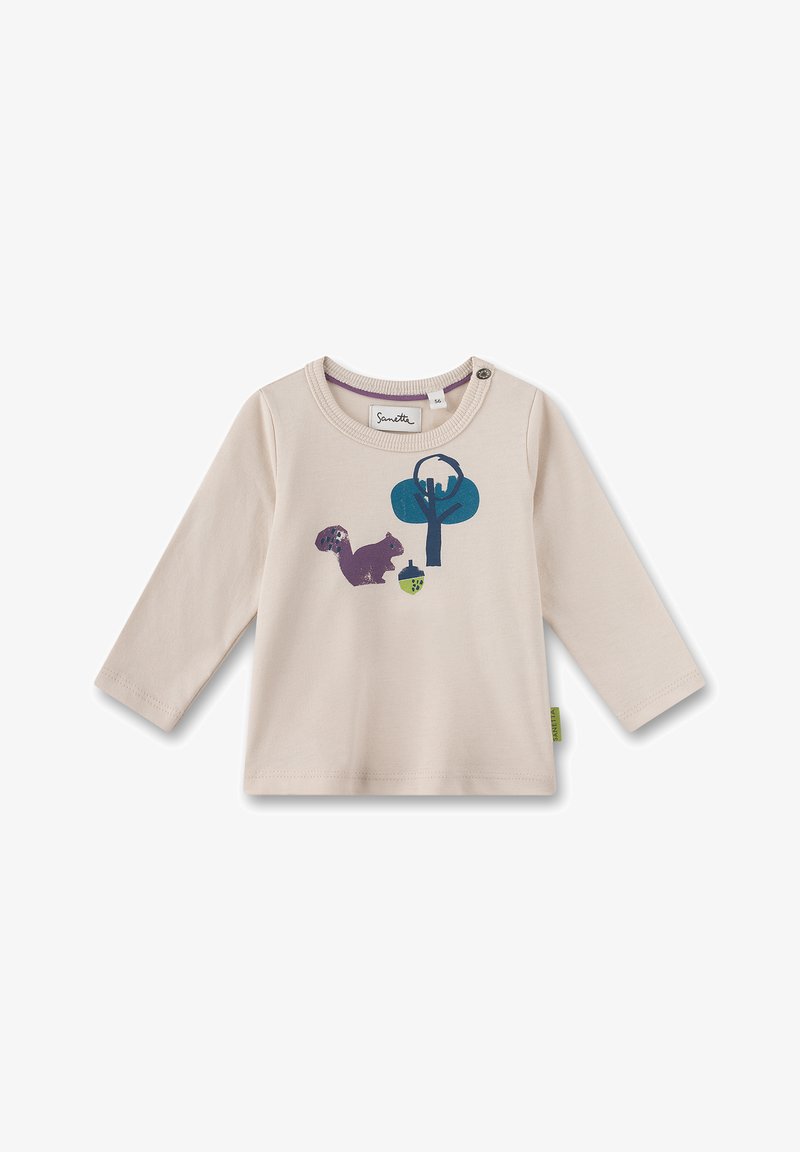 Helles beige Langarmshirt mit Rundhalsausschnitt. Mit einem bedruckten Design eines Eichhörnchens, Baums und einer Eichel in Lila und Türkis. Kleine Knopfdetails.