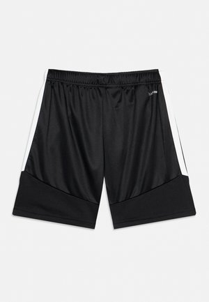 Schwarze Sportshorts mit elastischem Bund und weißen Seitenstreifen, gefertigt aus glattem, leichtem Stoff.