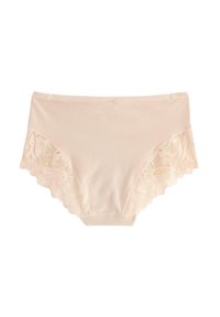 Beige bomulds hipster trusser med bølgemønster kant, der har et blomsterdesign på siderne. Blød tekstur og elastisk waistband.