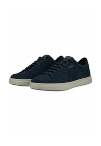 Pair of dark blue suede sneakers with white rubber soles and matching dark blue laces, positioned side by side on a white background.