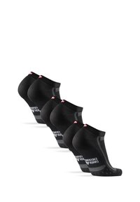 Calcetines negros hasta el tobillo en un juego de cinco, con refuerzo en el talón y la puntera, detalles de malla texturizada y logo reflectante en el lateral.