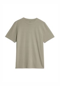 Camiseta de algodón en un color oliva claro, con cuello redondo, mangas cortas y una textura suave y lisa, sin patrones ni adornos.