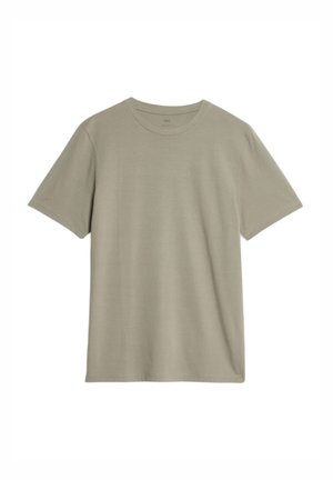 Baumwoll-T-Shirt in einem hellen Olivton, mit Rundhalsausschnitt, kurzen Ärmeln und einer glatten, weichen Textur ohne Muster oder Verzierungen.