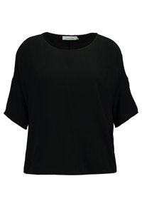 Sort t-shirt med korte ærmer og rund halsudskæring, afslappet pasform, lavet af blødt stof med en glat tekstur og uden synlige mønstre eller detaljer.