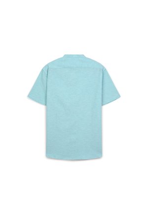 Hellblaues Kurzarmhemd aus einem weichen, strukturierten Stoff, mit Kragen und einem geraden Saum am unteren Rand.