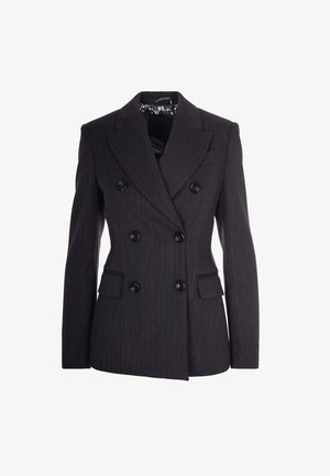 Donkergrijze dubbelbreasted blazer met verticale streepjes, gegolfde revers, twee voorzakken en zwarte knoopaccenten. Gladde stofstructuur.