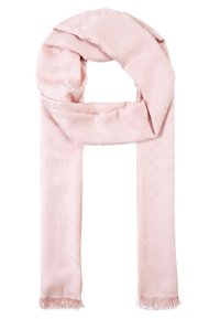 Écharpe rose en tissu doux, présentant un motif circulaire texturé et finie avec des franges délicates aux extrémités.