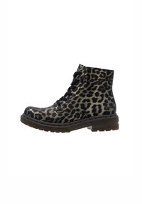 Bottines à imprimé léopard noir et beige, avec un bout rond, un laçage à l'avant et une semelle en caoutchouc texturée. Hauteur : mi-mollet.